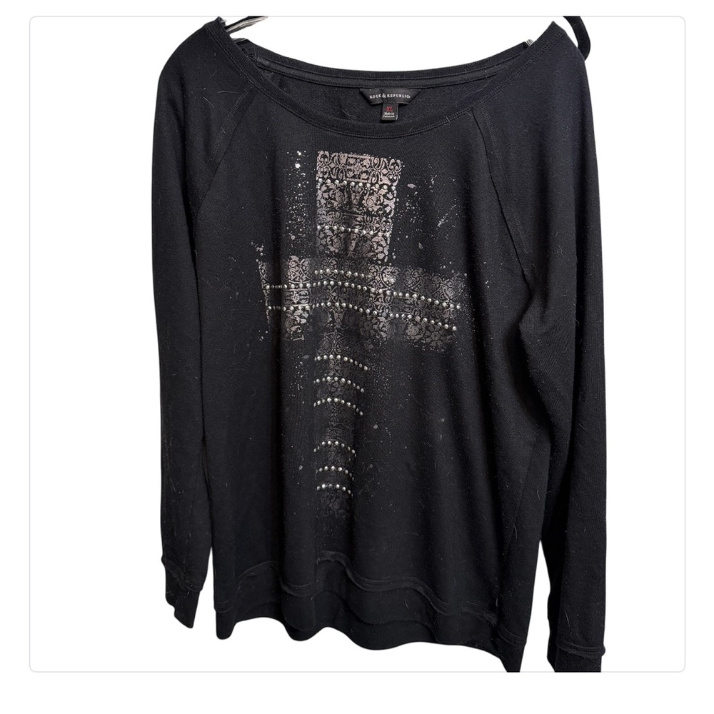 Rock & Republic size XL black long sleeve silver metallic cross graphic & bling